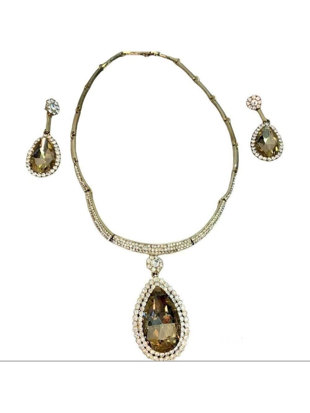 TAN brown gem jewelled rhinestone embellished oval teardrop necklace earring set